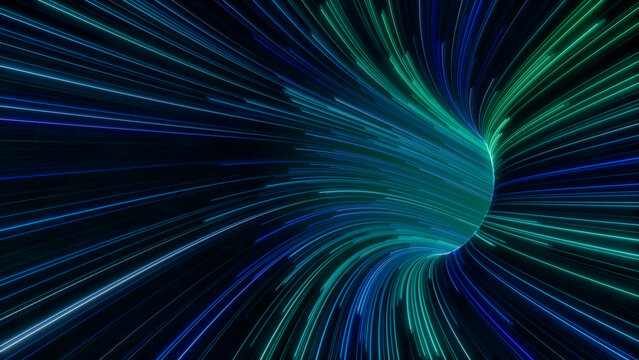Wavy Neon Tunnel with Blue, Purple and Green Streaks. 3D Render.