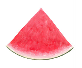 triangular cut of a watermelon with bright, pitted flesh. bright pink piece of watermelon realistic hand drawn illustration isolated on white background