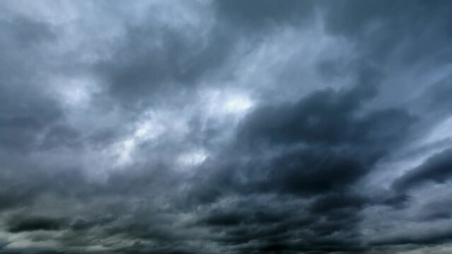 Fast moving dark clouds in blue sky. Black clouds and sun with blue sky. 4k time lapse.