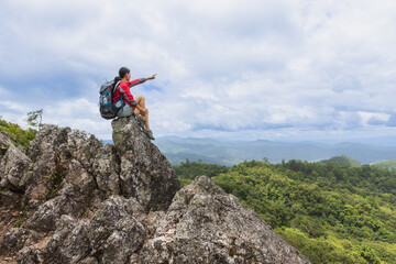 Obraz premium Girl on the mountain Gaze at the beautiful valley in the mist in the summer. Landscape with sporty young women, hiking, travel and tourism.
