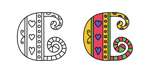 Doodle letter C. Hand drawn line ABC. Sketch alphabet. Kids illustration for coloring book. Editable