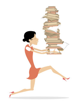 Woman with piles of papers or books illustration. 
Smiling young woman holds big piles of papers or books in the hands isolated on white background
