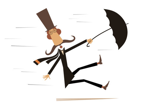 Cartoon man, umbrella and windy day. 
Funny long mustache man in the top hat staying on the strong wind isolated on white background
