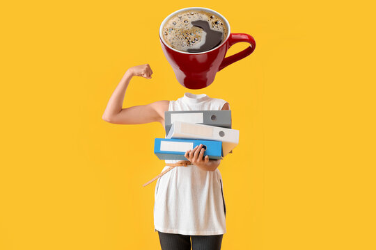 Businesswoman with cup of hot coffee instead of her head and folders on yellow background