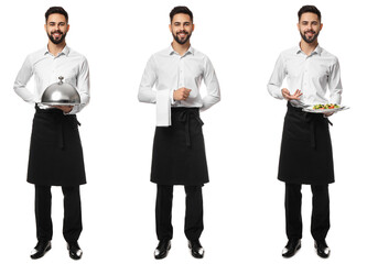 Set of handsome waiter isolated on white