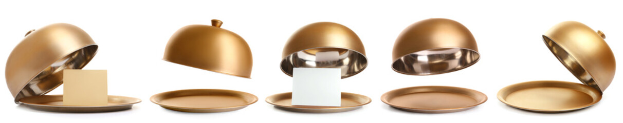Set of tray and cloche on white background