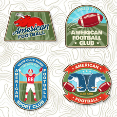 Set of american football or rugby club embroidery patch. Vector for shirt, logo, print, stamp, patch. Vintage design with american football sportsman player, helmet, ball and shoulder pads silhouette