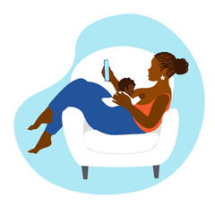 Happy African American mother with baby on her chest. Relaxed baby feeding posture. Breastfeeding. Support Week in August 1 - 7. Online consultation. Black mom with smartphone. Vector illustration.