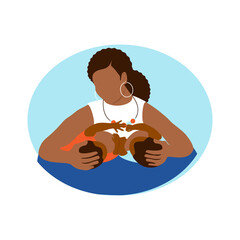 African American Mom breastfeeds two twins at the same time. Pose for feeding kids. Motherhood, two black newborn children.  Support with breastfeeding. Vector illustration - obrazy, fototapety, plakaty