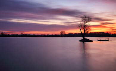 Fototapeta na wymiar Pond at sunset with silhouette tree, water landscape