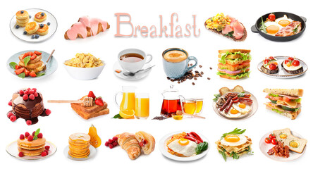 Collection of tasty breakfasts on white background