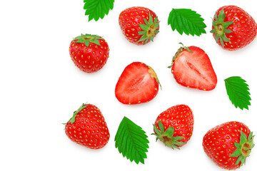 strawberry with sliced strawberry and green leaves isolated on white background. clipping path. Top view