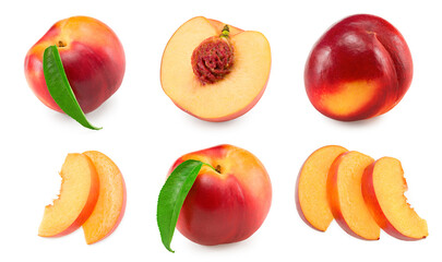 Fototapeta na wymiar Nectarine with green leaf and slices isolated on white background. clipping path