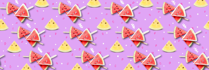 Many slices of ripe watermelon on lilac background