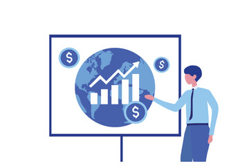 Senior businessman doing presentation of global economic inflation and financial crisis vector illustration