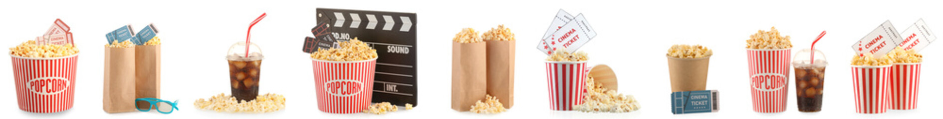 Set of tasty popcorn with cold cola, cinema tickets and movie clapperboard on white background