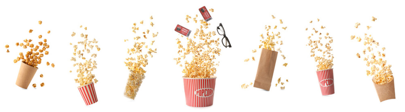 Set of flying popcorn with cinema tickets and 3D eyeglasses on white background