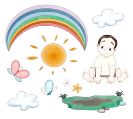 Summer constructor of 10 elements about baby on the lawn. There are a cute little cartoon boy, beautiful rainbow and sun, clouds, butterflies and lawn. Digital illustration in watercolor style