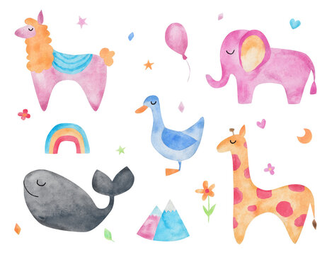 Collection of watercolor animals: whale, goose, elephant, giraffe, llama.