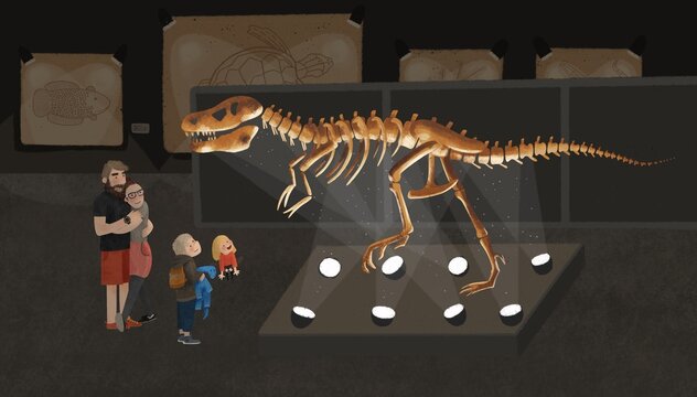 Illustration of Family in Museum standing in front of big Skeleton of Dinosaur.