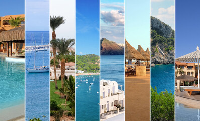 Summer collage with beautiful landscapes of sea resorts