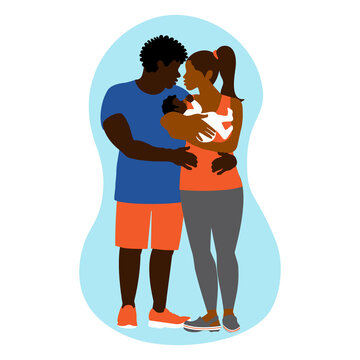 Happy African American family with a baby in their arms. Embrace. Parental care for children. Couple love.  Woman and man in full growth