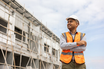 Confident engineer handsome man standing arms crossed at modern home building construction....