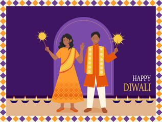 Diwali festival poster. A woman and a man in traditional Indian costumes are holding a sparkler in their hands and enjoying the festival.