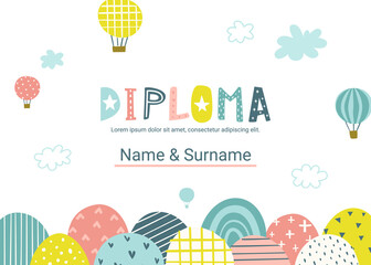 Cute diploma template with abstract hills and hot air balloons. Certificate vector design for children competition. - obrazy, fototapety, plakaty