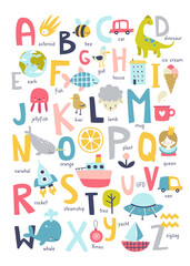 Fototapeta na wymiar Scandinavian english alphabet for kids. Cartoon abc poster for nursery with cute abstract art.