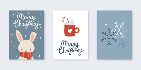 Set of christmas cards with bunny. Cute winter poster collection with calligraphy lettering and rabbit.