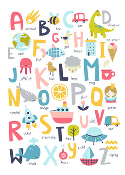 Scandinavian english alphabet for kids. Cartoon abc poster for nursery with cute abstract art.