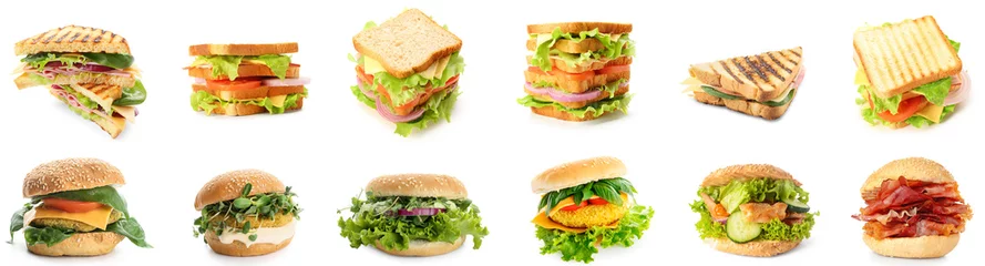 Gordijnen Set van verschillende sandwiches en hamburgers geïsoleerd op white © Pixel-Shot
