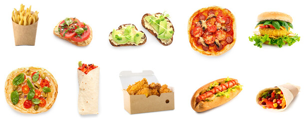 Set of different tasty fast food isolated on white