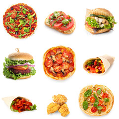 Set of different tasty fast food isolated on white