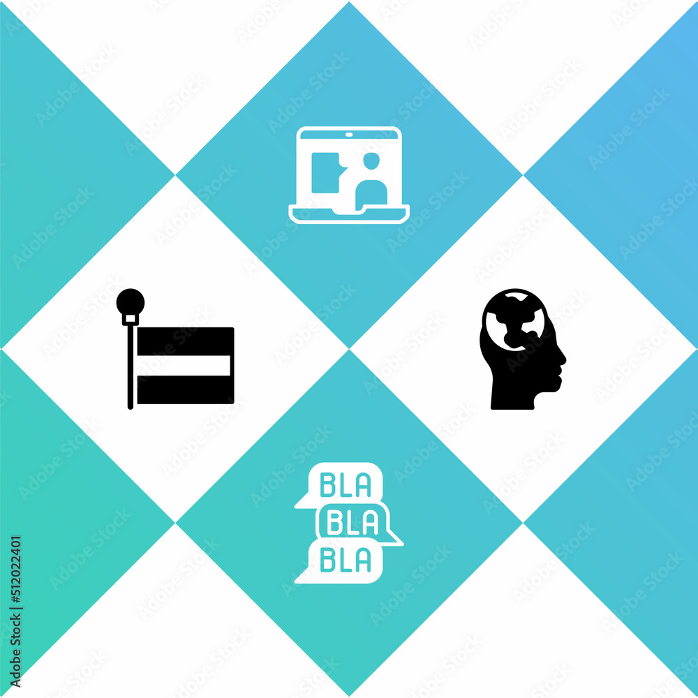 Poster set flag, speech bubble chat, foreign language online study and learning foreign languages icon. vec