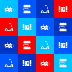 Set Toy train, building block bricks, Roller scooter and Pirate treasure map icon. Vector