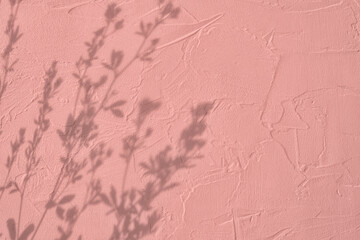Shadow of leaves on pink concrete wall texture with roughness and irregularities. Abstract trendy...