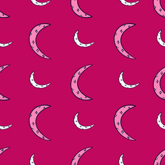 Crescent moon vector repeat pattern design on red background