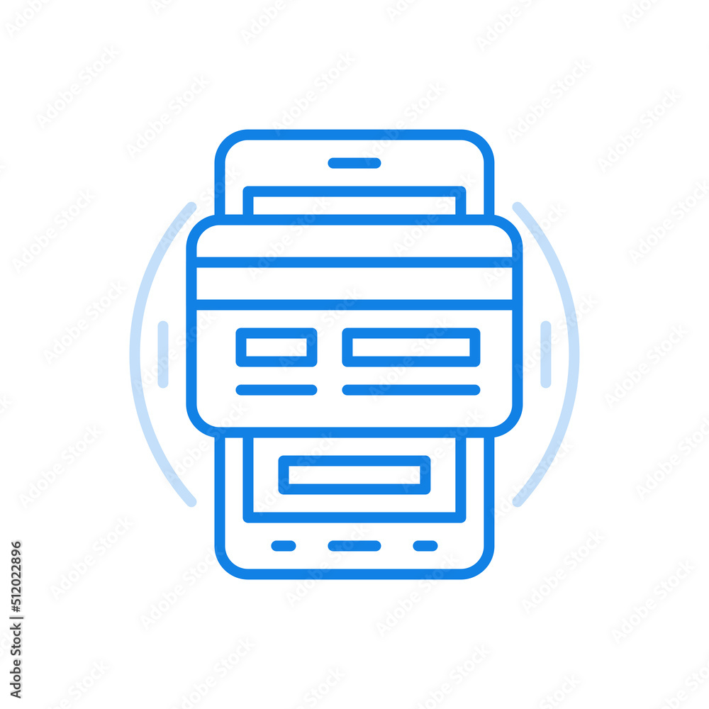 Poster payment by credit card in web application vector line icon. smartphone with plastic card on screen.