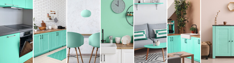 Collage with modern interiors in mint colors