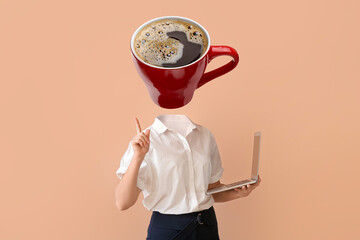 Businesswoman with cup of hot coffee instead of her head and laptop on color background