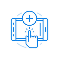 Obraz premium Power on electronic device vector line icon. Tactile activation of smart gadget.