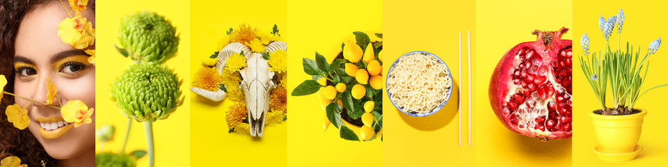 Summer collage of different photos on yellow background