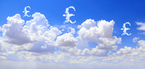 Money making. Great Britain pound sterling sign in the clouds. Cloud shaped as GBP currency symbol