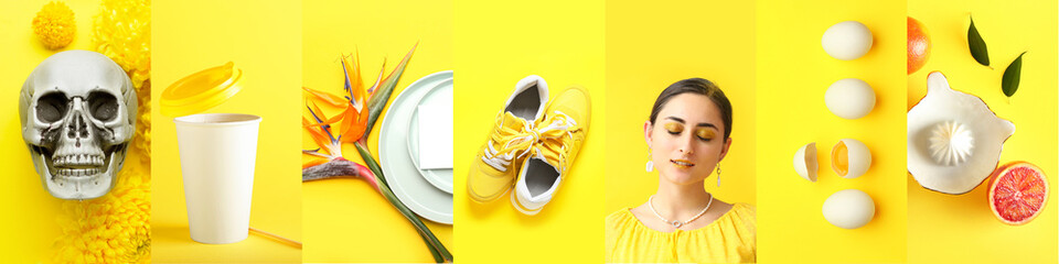 Summer collage of different photos on yellow background
