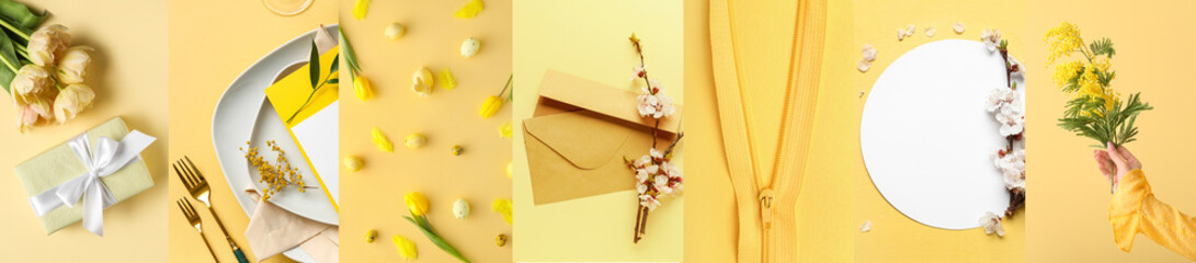 Creative collage of different photos on yellow background