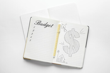 Notebooks and pen on light background. Concept of planning budget