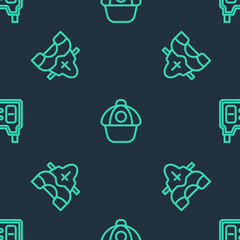 Set line Baseball cap, Player chest protector and mechanical scoreboard on seamless pattern. Vector