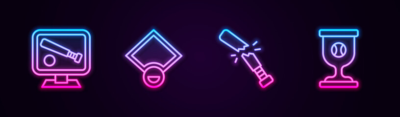 Set line Monitor with baseball game, Baseball field, Broken bat and Award cup. Glowing neon icon. Vector